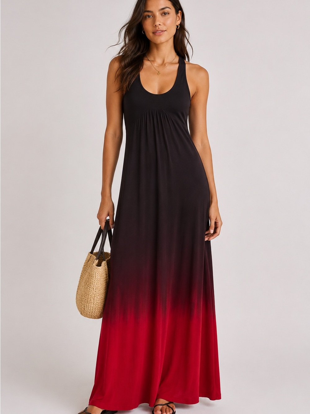 Fraiche by J Black Red Ombre Maxi Dress Racerback Sleeveless Stretch Size M